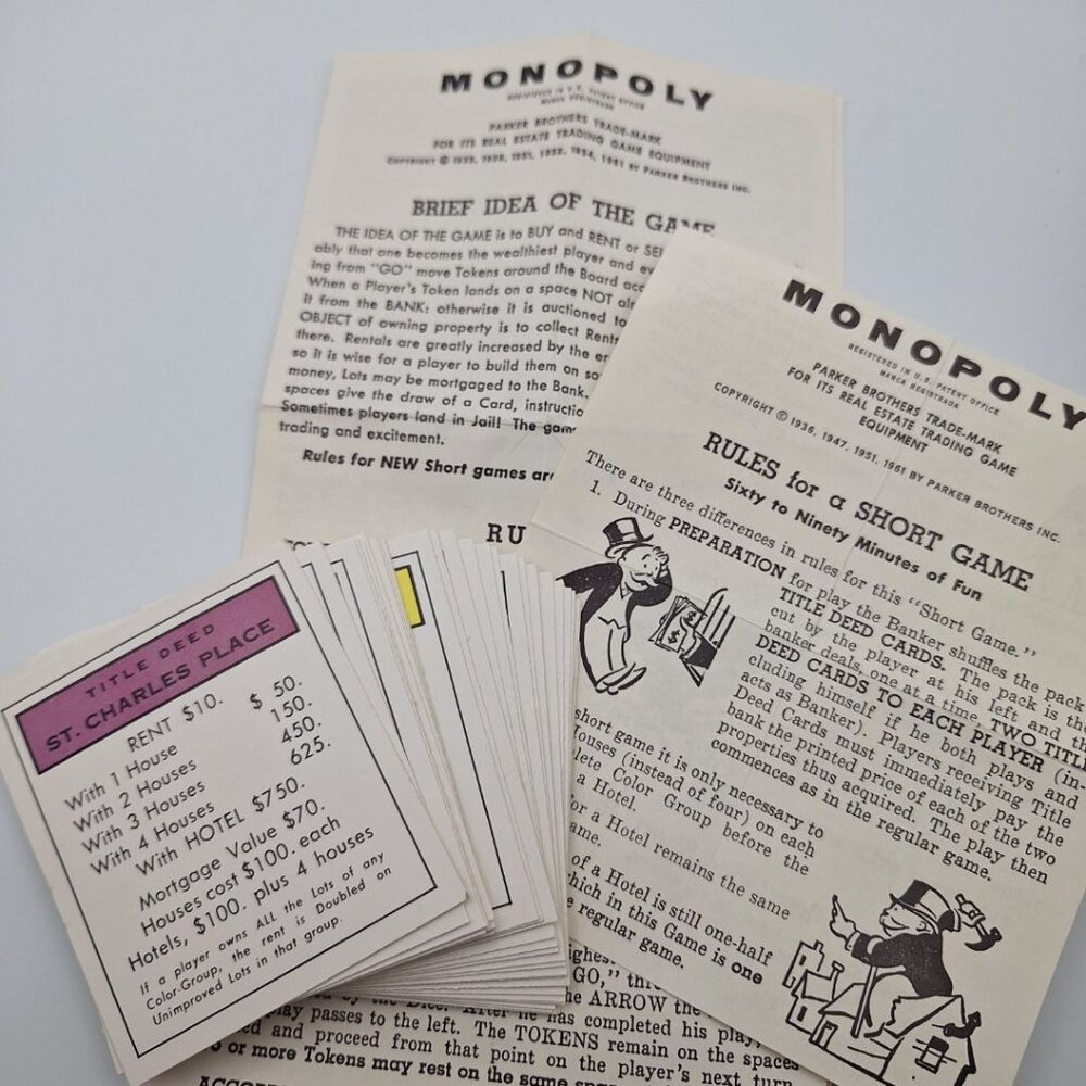Monopoly Replacement‎ Deed Pieces Instructions Rules 1960s Vintage Property